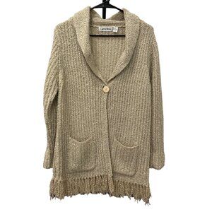 Carol Rose Beige Knit Cardigan Shawl Collar Fringe Hem Button Closure SZ Small